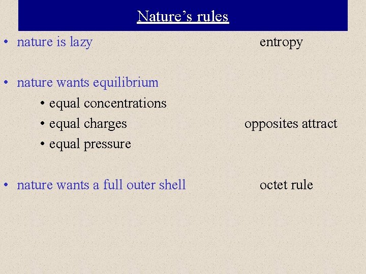 Nature’s rules • nature is lazy • nature wants equilibrium • equal concentrations •