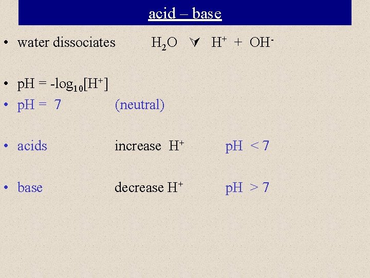acid – base • water dissociates H 2 O H+ + OH- • p.