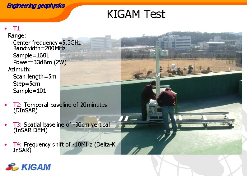 Engineering geophysics KIGAM Test • T 1 Range: Center frequency=5. 3 GHz Bandwidth=200 MHz