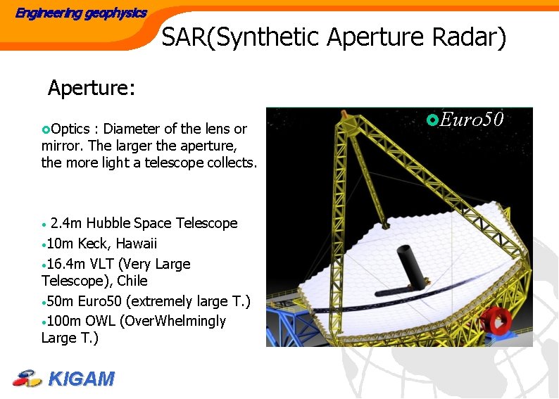 Engineering geophysics SAR(Synthetic Aperture Radar) Aperture: £Optics : Diameter of the lens or mirror.