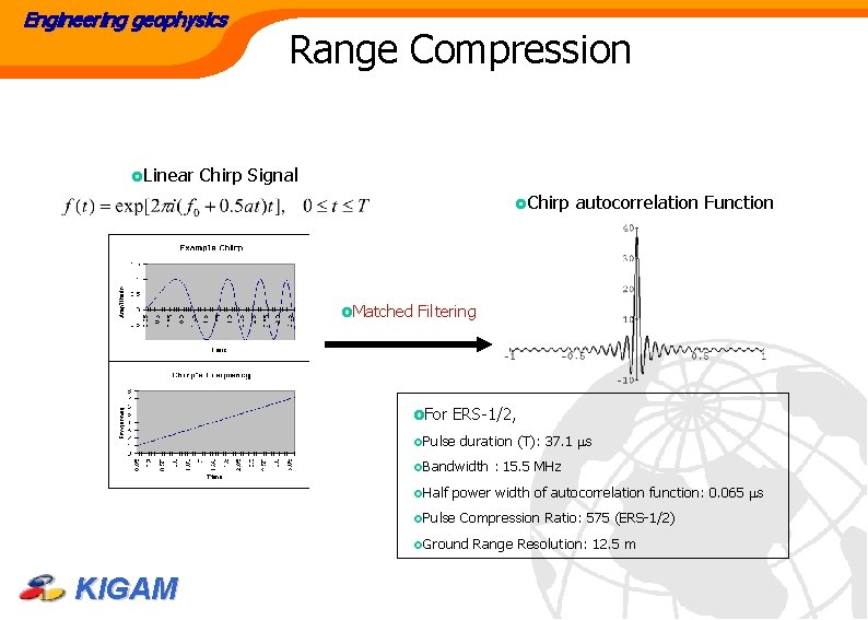 Engineering geophysics Range Compression £Linear Chirp Signal £Chirp autocorrelation Function £Matched Filtering £For ERS-1/2,