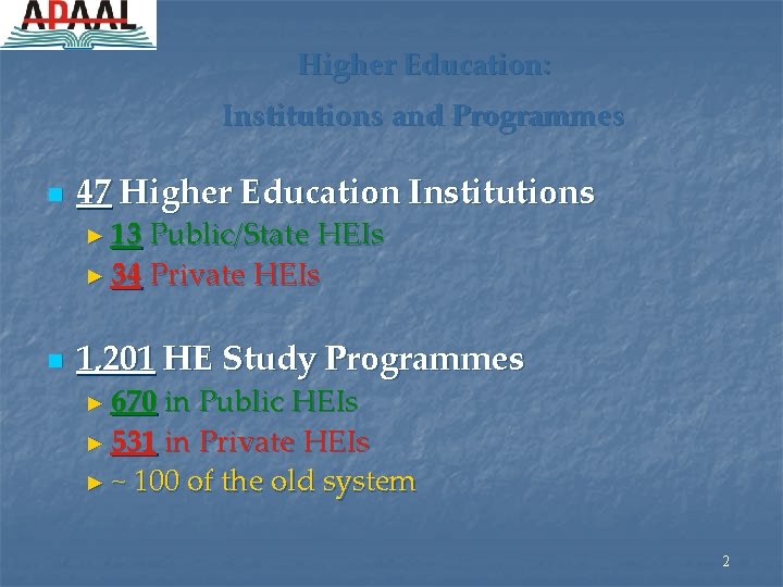 Higher Education: Institutions and Programmes n 47 Higher Education Institutions ► 13 Public/State HEIs