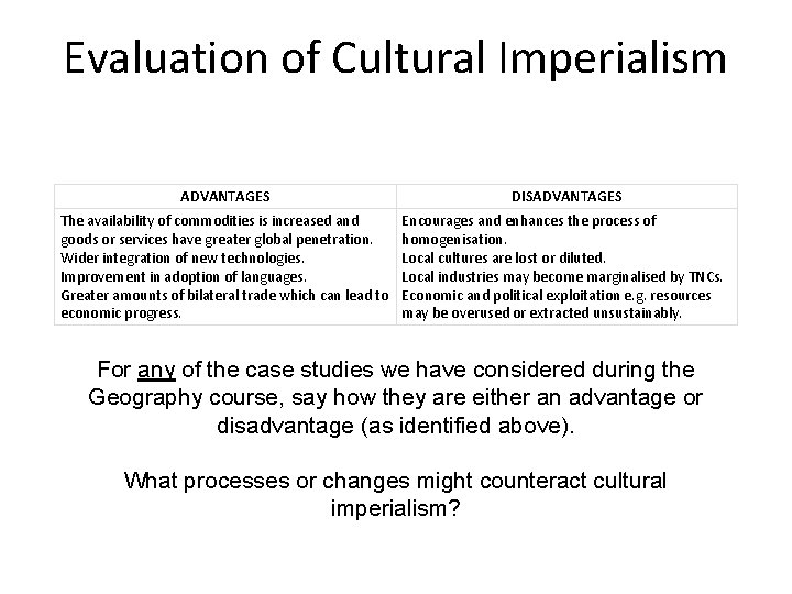 Evaluation of Cultural Imperialism ADVANTAGES DISADVANTAGES The availability of commodities is increased and goods