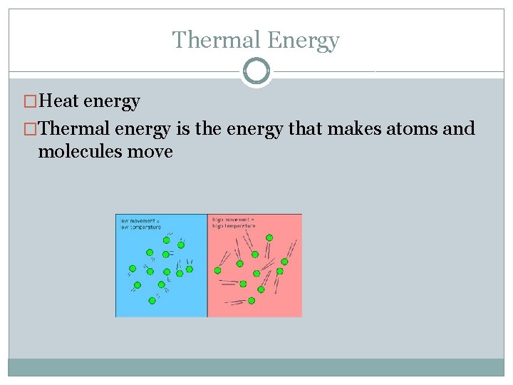 Thermal Energy �Heat energy �Thermal energy is the energy that makes atoms and molecules