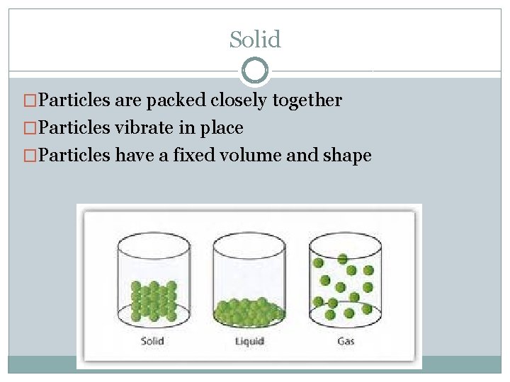 Solid �Particles are packed closely together �Particles vibrate in place �Particles have a fixed