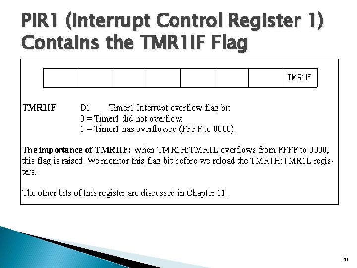 PIR 1 (Interrupt Control Register 1) Contains the TMR 1 IF Flag 20 