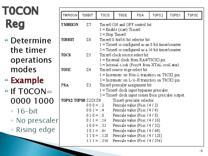 T 0 CON Reg Determine the timer operations modes Example If T 0 CON=