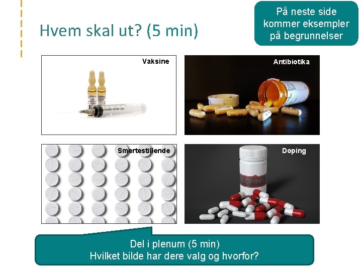 Hvem skal ut? (5 min) Vaksine Smertestillende Del i plenum (5 min) Hvilket bilde