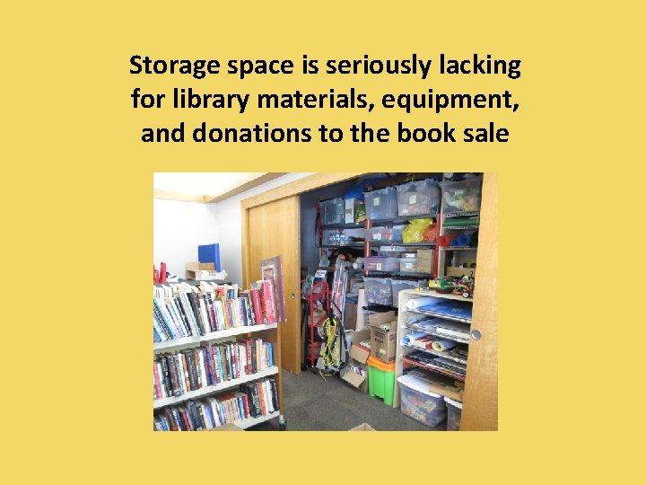 Storage space is seriously lacking for library materials, equipment, and donations to the book