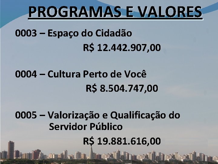 PROGRAMAS E VALORES 0003 – Espaço do Cidadão R$ 12. 442. 907, 00 0004