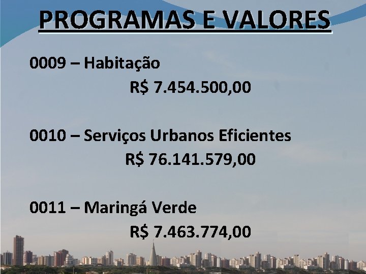 PROGRAMAS E VALORES 0009 – Habitação R$ 7. 454. 500, 00 0010 – Serviços