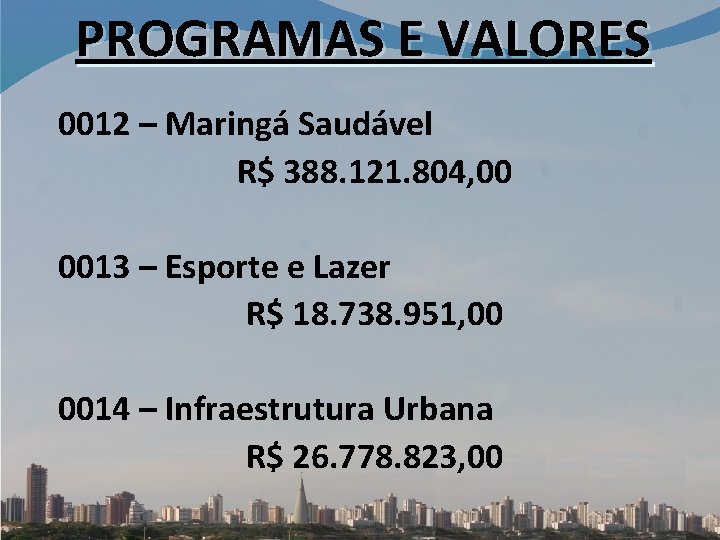 PROGRAMAS E VALORES 0012 – Maringá Saudável R$ 388. 121. 804, 00 0013 –