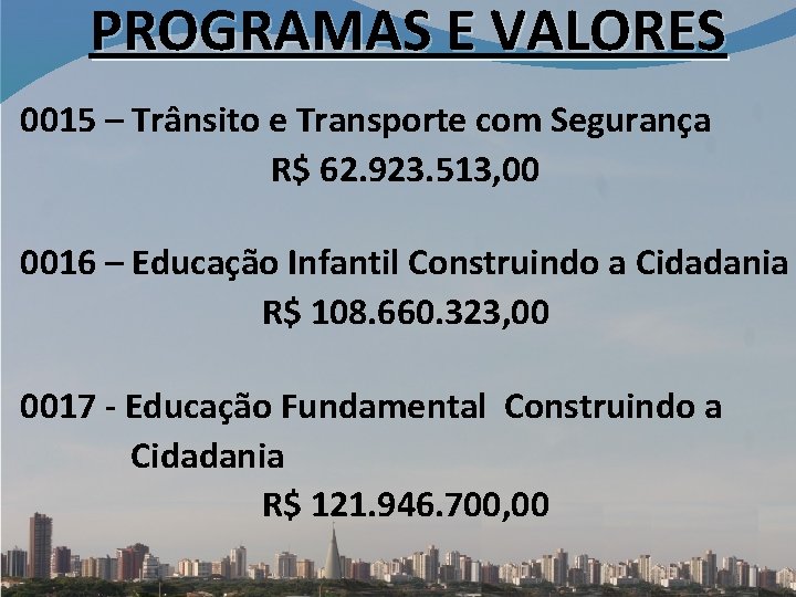 PROGRAMAS E VALORES 0015 – Trânsito e Transporte com Segurança R$ 62. 923. 513,