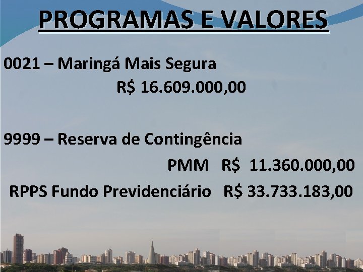 PROGRAMAS E VALORES 0021 – Maringá Mais Segura R$ 16. 609. 000, 00 9999