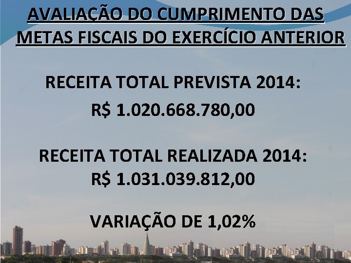 AVALIAÇÃO DO CUMPRIMENTO DAS METAS FISCAIS DO EXERCÍCIO ANTERIOR RECEITA TOTAL PREVISTA 2014: R$