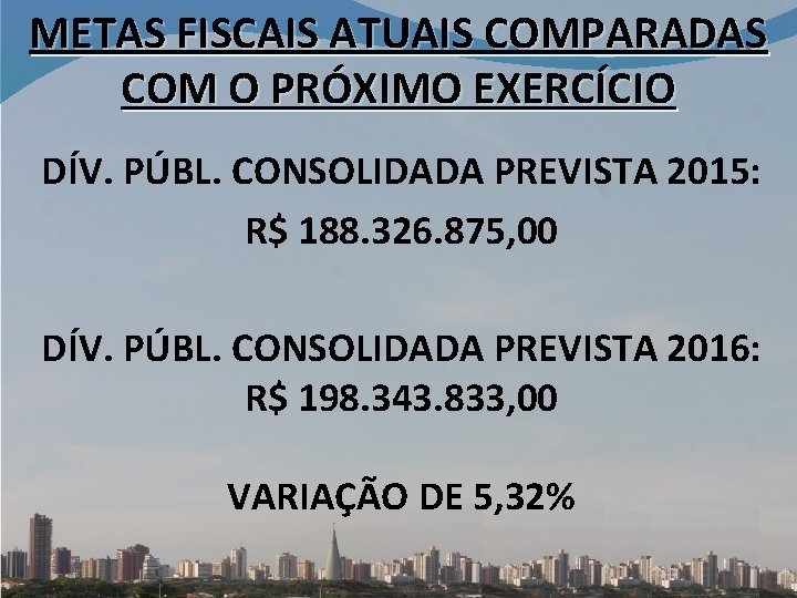 METAS FISCAIS ATUAIS COMPARADAS COM O PRÓXIMO EXERCÍCIO DÍV. PÚBL. CONSOLIDADA PREVISTA 2015: R$