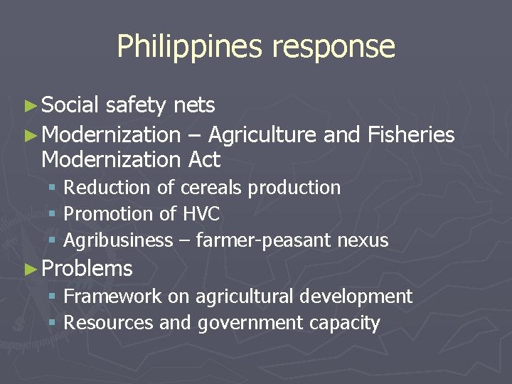 Philippines response ► Social safety nets ► Modernization – Agriculture and Fisheries Modernization Act