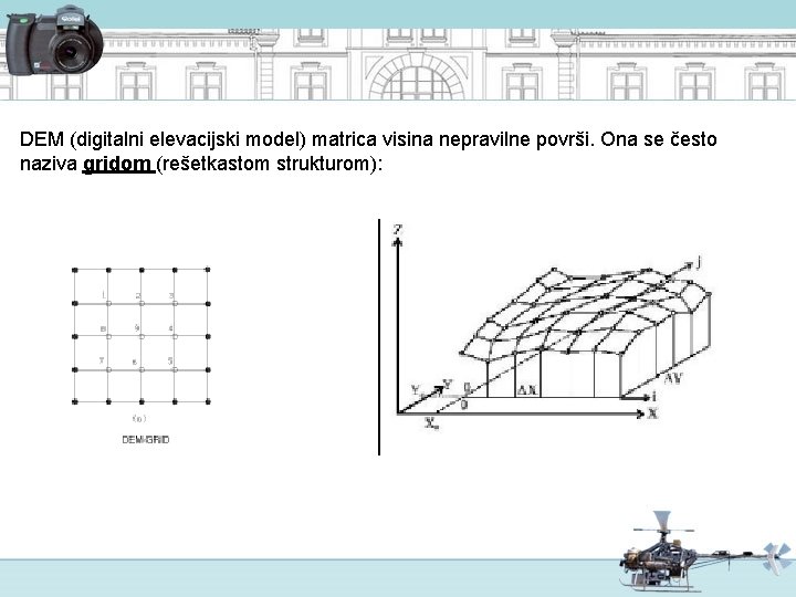 DEM (digitalni elevacijski model) matrica visina nepravilne površi. Ona se često naziva gridom (rešetkastom