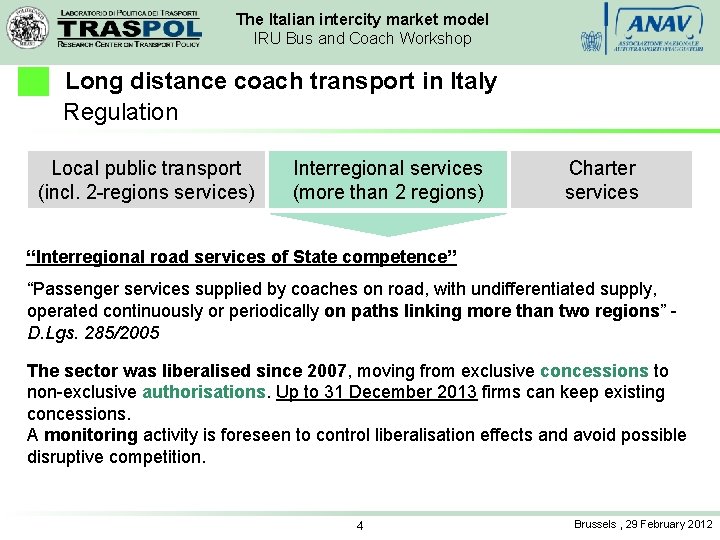 The Italian intercity market model IRU Bus and Coach Workshop Long distance coach transport