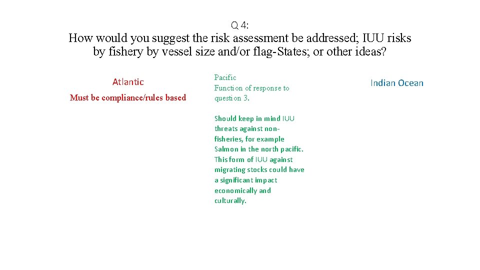 Q 4: How would you suggest the risk assessment be addressed; IUU risks by