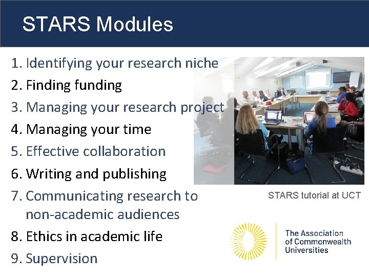 STARS Modules 1. Identifying your research niche 2. Finding funding 3. Managing your research