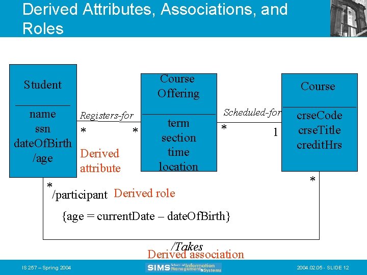Derived Attributes, Associations, and Roles Course Student Course Offering ____________ Scheduled-for name Registers-for crse.
