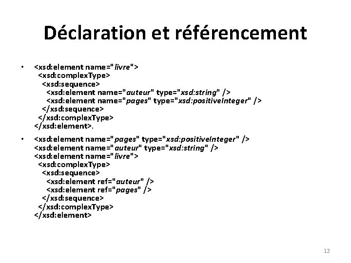 Déclaration et référencement • <xsd: element name="livre"> <xsd: complex. Type> <xsd: sequence> <xsd: element