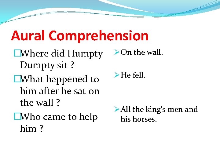 Aural Comprehension �Where did Humpty Dumpty sit ? �What happened to him after he