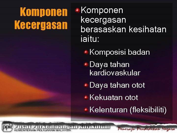 Komponen Kecergasan Komponen kecergasan berasaskan kesihatan iaitu: Komposisi badan Daya tahan kardiovaskular Daya tahan