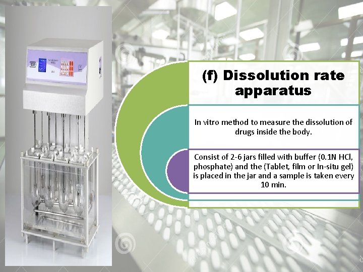 (f) Dissolution rate apparatus In vitro method to measure the dissolution of drugs inside