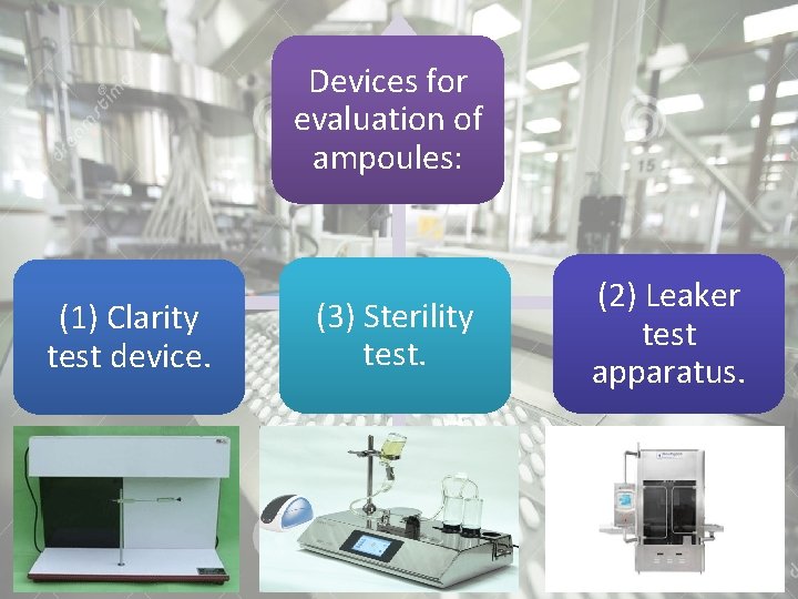 Devices for evaluation of ampoules: (1) Clarity test device. (3) Sterility test. (2) Leaker