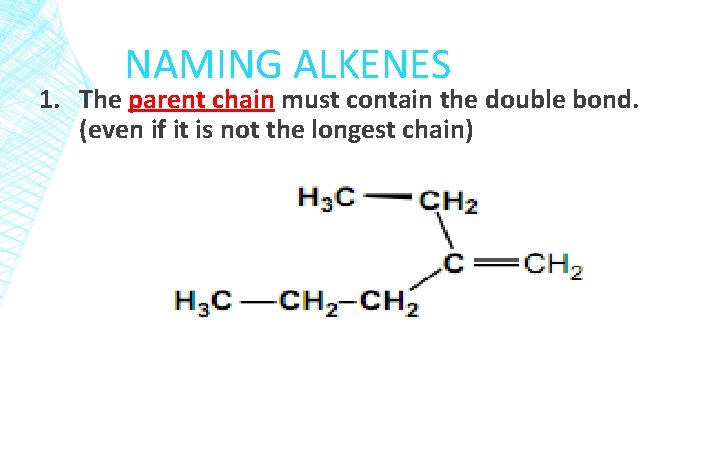 NAMING ALKENES 1. The parent chain must contain the double bond. (even if it
