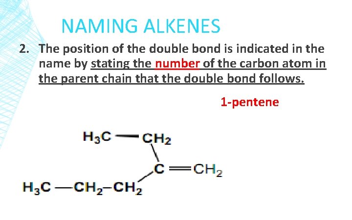 NAMING ALKENES 2. The position of the double bond is indicated in the name
