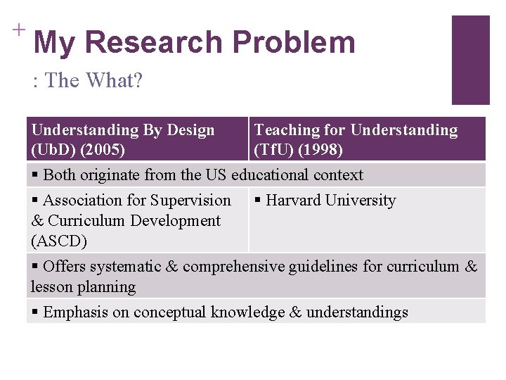 + My Research Problem : The What? Understanding By Design (Ub. D) (2005) Teaching
