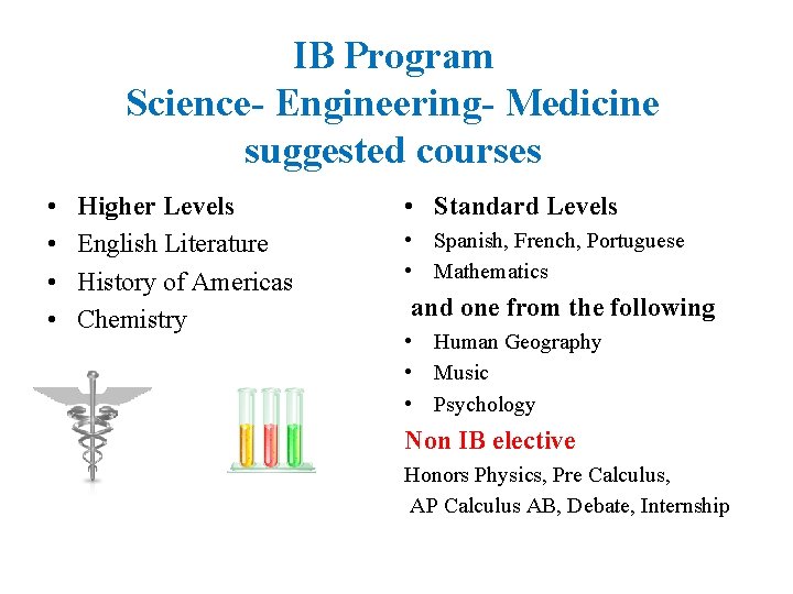 IB Program Science- Engineering- Medicine suggested courses • • Higher Levels English Literature History