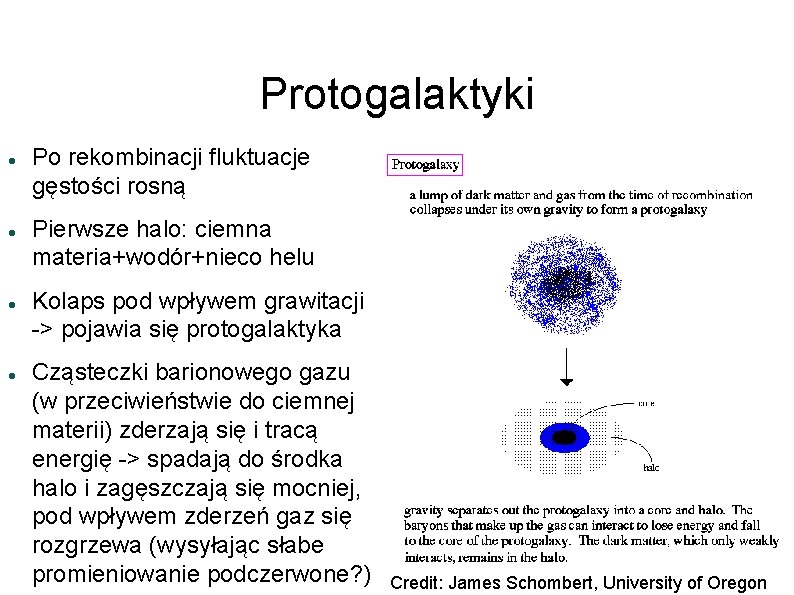 Protogalaktyki Po rekombinacji fluktuacje gęstości rosną Pierwsze halo: ciemna materia+wodór+nieco helu Kolaps pod wpływem