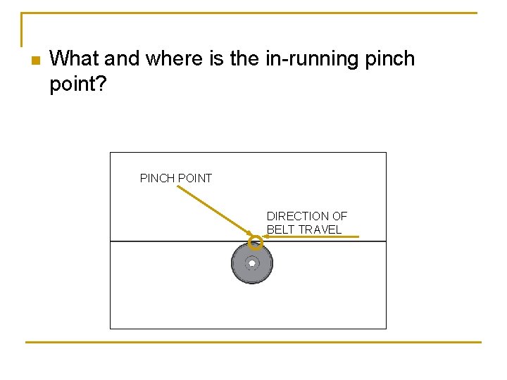 n What and where is the in-running pinch point? PINCH POINT DIRECTION OF BELT