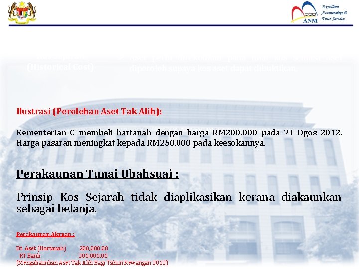 Kos Sejarah (Historical Cost) Aset perlu direkodkan pada nilai kos semasa aset diperoleh supaya