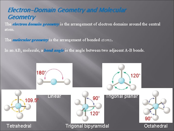 Electron-Domain Geometry and Molecular Geometry The electron domain geometry is the arrangement of electron