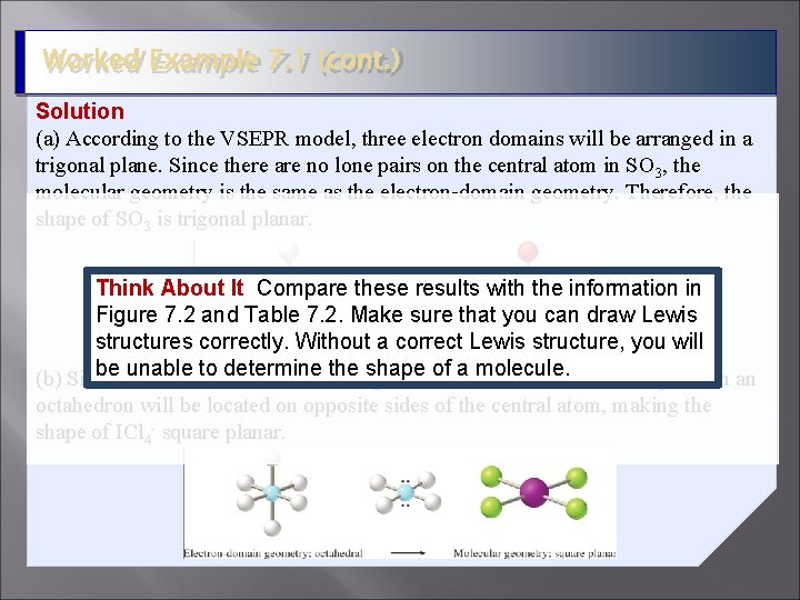 Worked Example 7. 1 (cont. ) Solution (a) According to the VSEPR model, three