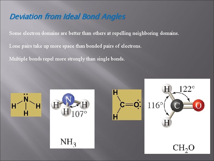 Deviation from Ideal Bond Angles Some electron domains are better than others at repelling