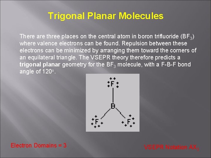 Trigonal Planar Molecules There are three places on the central atom in boron trifluoride