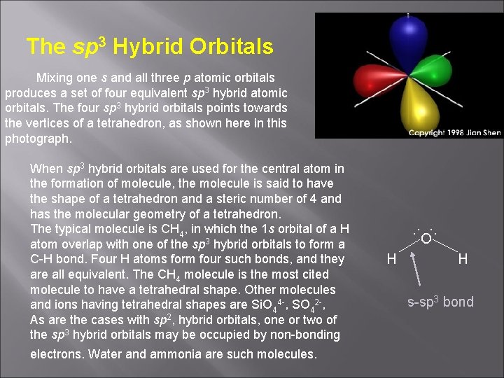 The sp 3 Hybrid Orbitals Mixing one s and all three p atomic orbitals