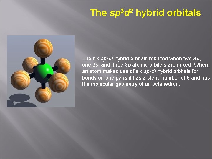 The sp 3 d 2 hybrid orbitals The six sp 3 d 2 hybrid