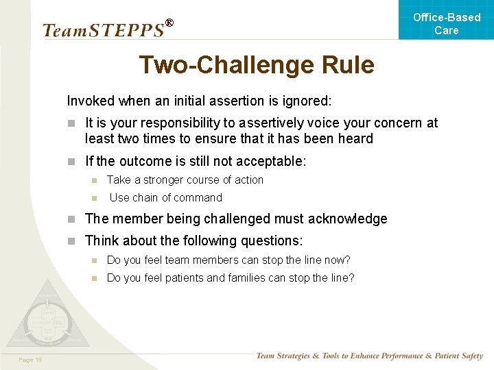 Office-Based Care ® Two-Challenge Rule Invoked when an initial assertion is ignored: n It