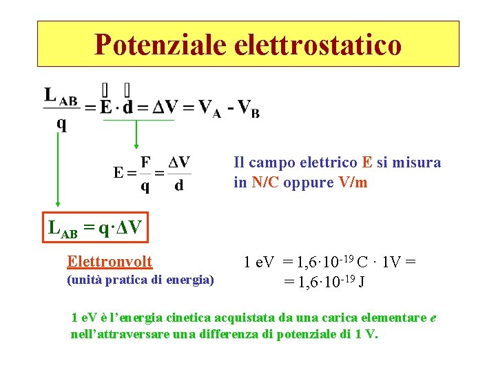 Potenziale elettrostatico Il campo elettrico E si misura in N/C oppure V/m LAB = Potenziale elettrostatico Il campo elettrico E si misura in N/C oppure V/m LAB =