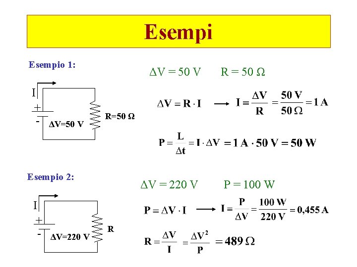 Esempio 1: I + - ΔV=50 V ΔV = 50 V R=50 Ω Esempio