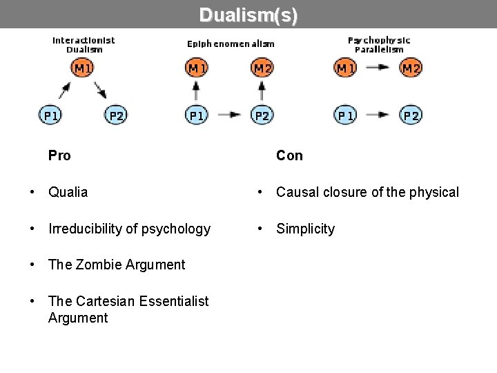 Dualism(s) Pro Con • Qualia • Causal closure of the physical • Irreducibility of