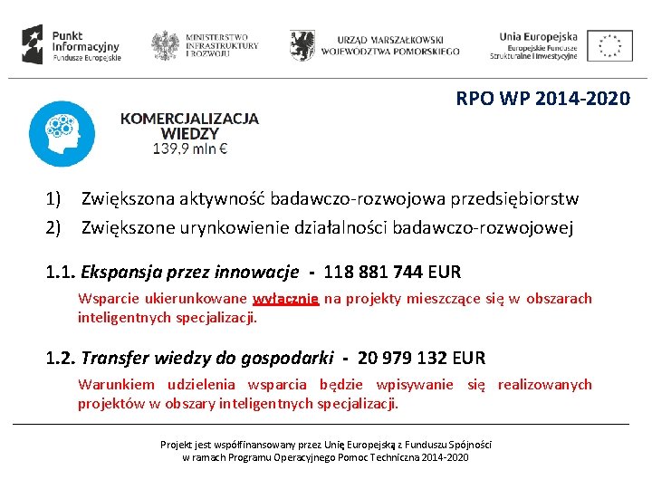 RPO WP 2014 -2020 1) Zwiększona aktywność badawczo-rozwojowa przedsiębiorstw 2) Zwiększone urynkowienie działalności badawczo-rozwojowej