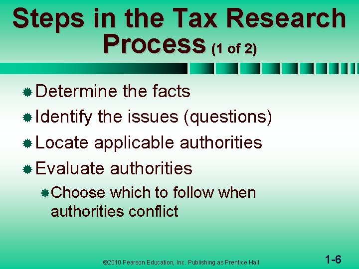 Steps in the Tax Research Process (1 of 2) ® Determine the facts ®